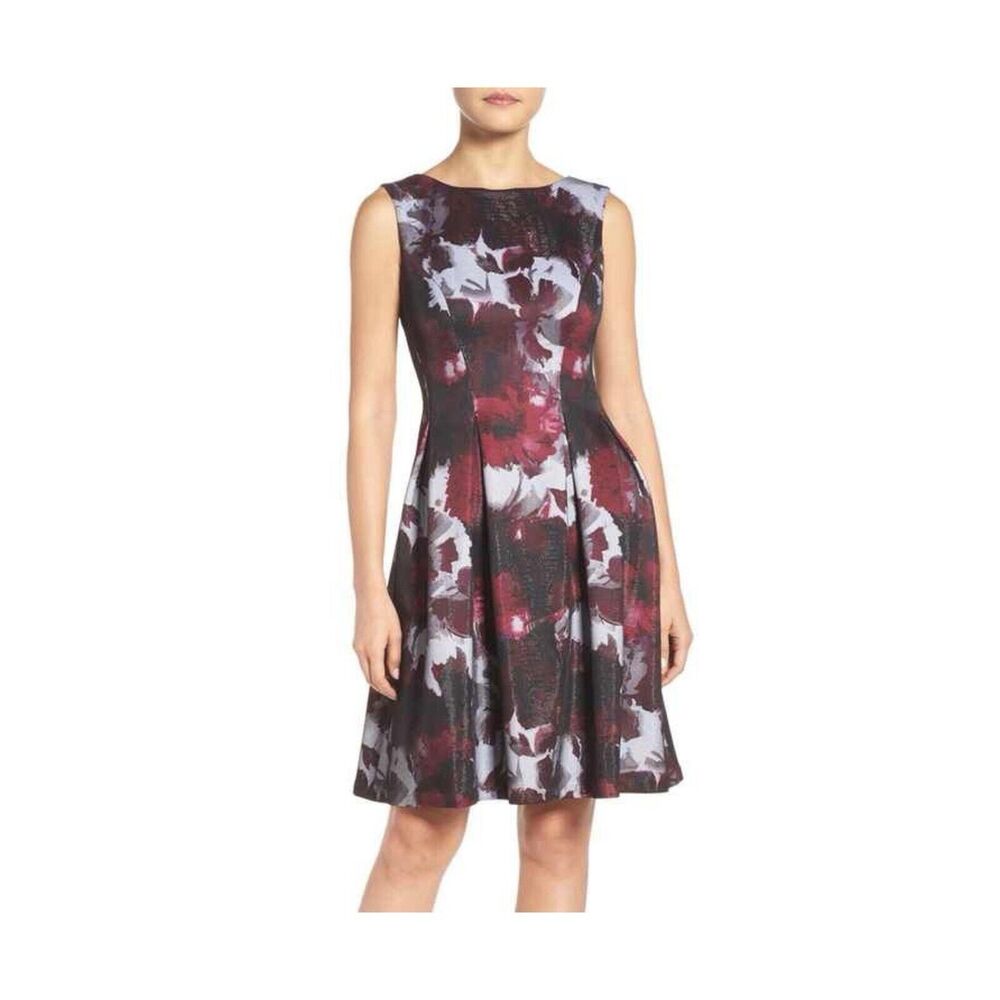 Adrianna Papell Cocktail Dress Fit & Flare Gray Maroon Sparkle Sleeveless Size 4